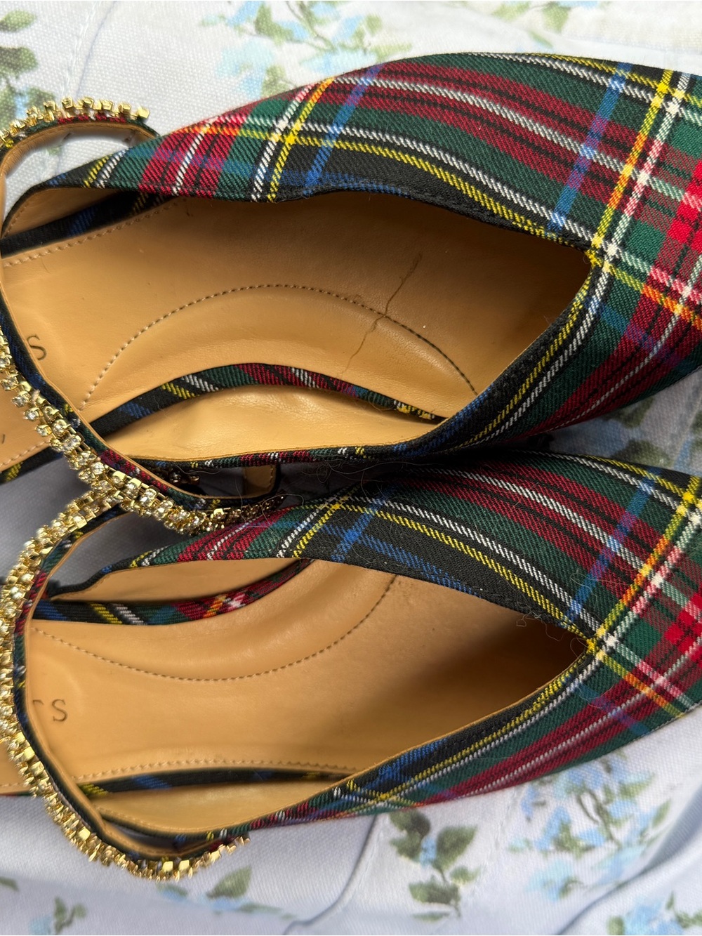 Talbots Plaid Pointed-Toe Slingback Mules with Gold Beaded Strap